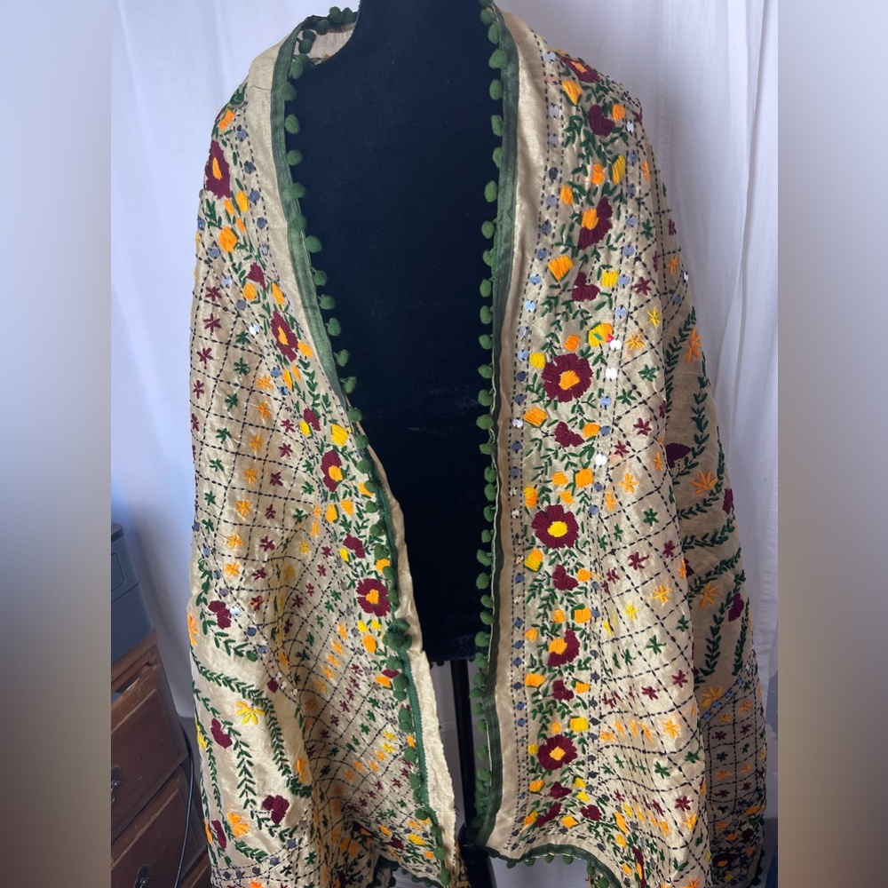 Shawl Green Pom Pom Long Raw Silk Handmade Phulkari dupatta mirror and thread